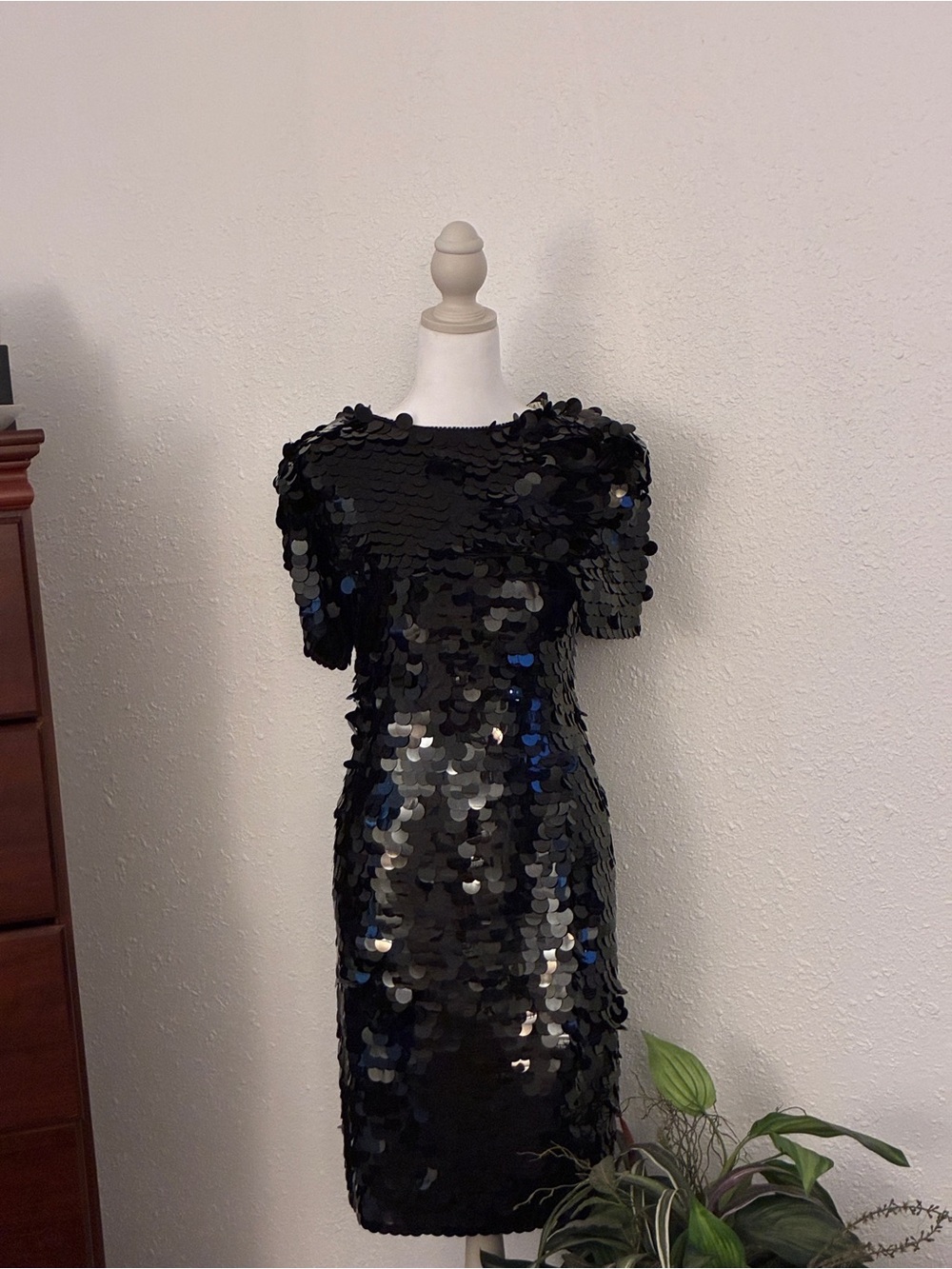 AJ Bari designer Black Sequin Midi Dress with Short Sleeves